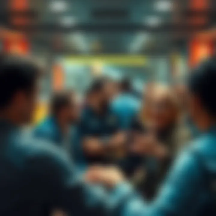 A group of people talking animatedly about tactics for engaging in rBitcoin forums, with one person gesturing passionately.