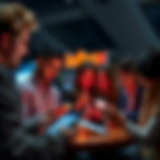 Group of people discussing Inibox with mobile devices and laptops