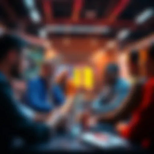 People engaging in a lively discussion about DeFi and Ethereum trading strategies.