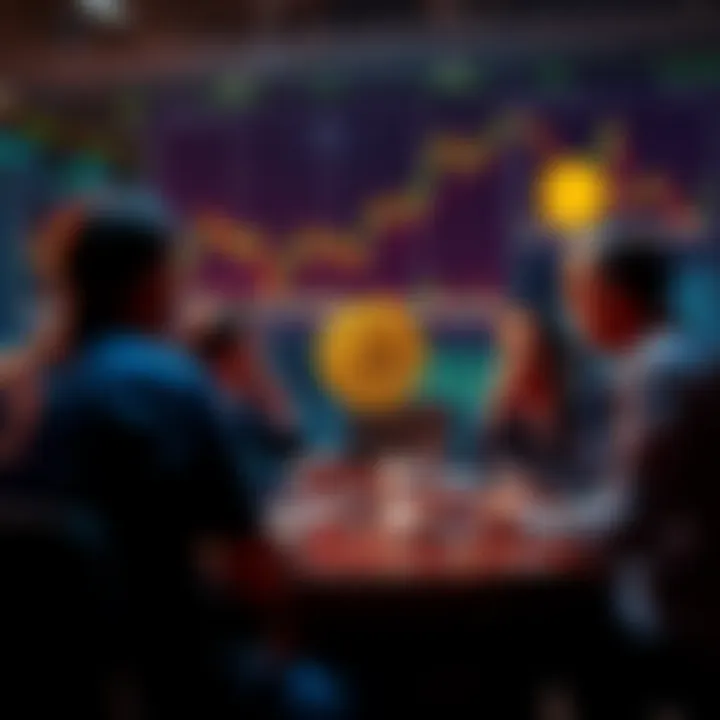 Discussion about Bitcoin investment A group of people engaged in a discussion about Bitcoin, with charts and graphs illustrating its volatility in the background.