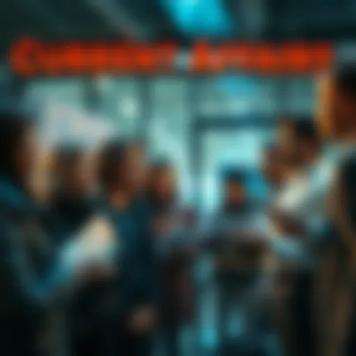 Discussion on Current Affairs A group of diverse people engaged in a lively discussion about current events, with papers and digital devices in hand.