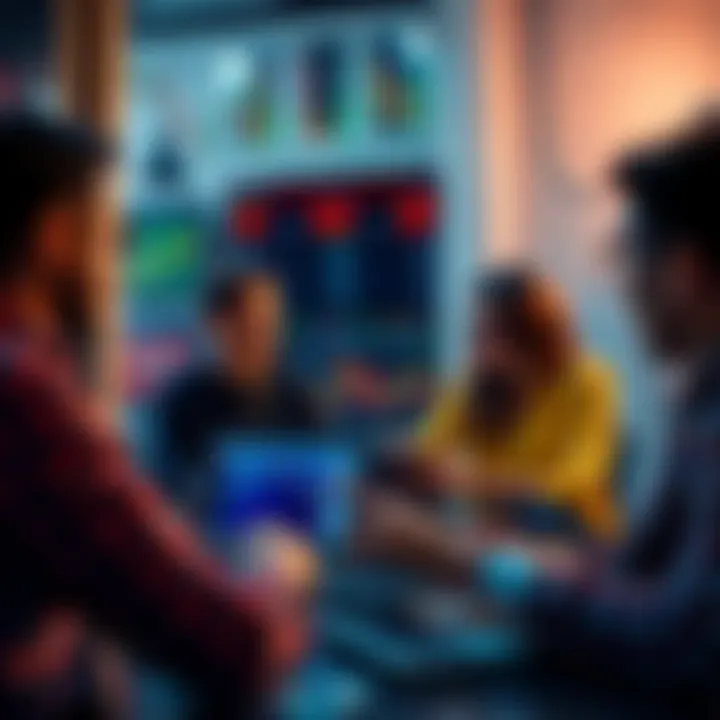 People engaging in a discussion about news and trading strategies with charts and laptops