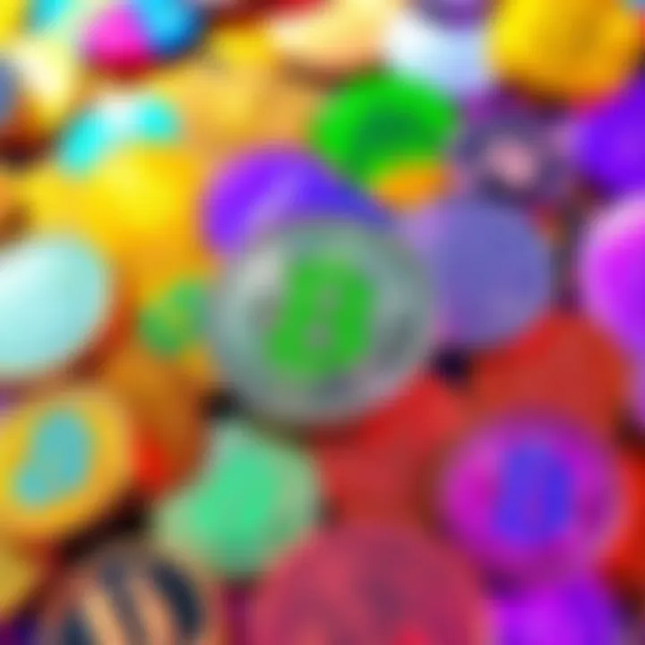 A colorful assortment of different cryptocurrency coins arranged together, symbolizing diversification in investment.