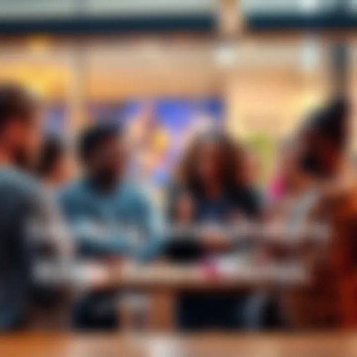 A diverse group of people engaged in conversation, sharing ideas about recent social trends and behaviors in a modern setting.