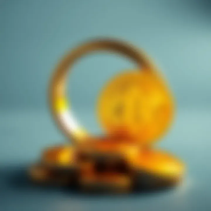 A split image showing a wedding ring on one side and Bitcoin coins on the other, symbolizing the division of assets in divorce.