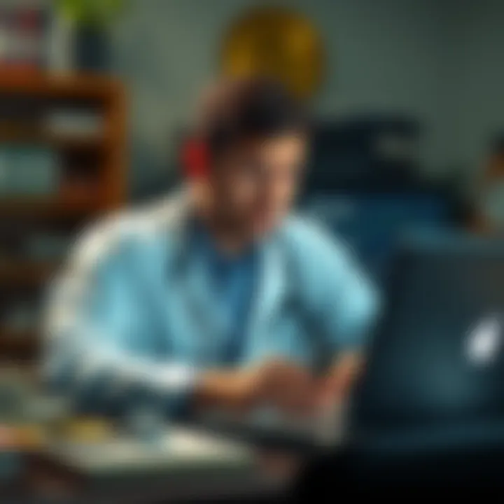 A young doctor looks worried while studying Bitcoin charts on a laptop, surrounded by medical books and a stethoscope