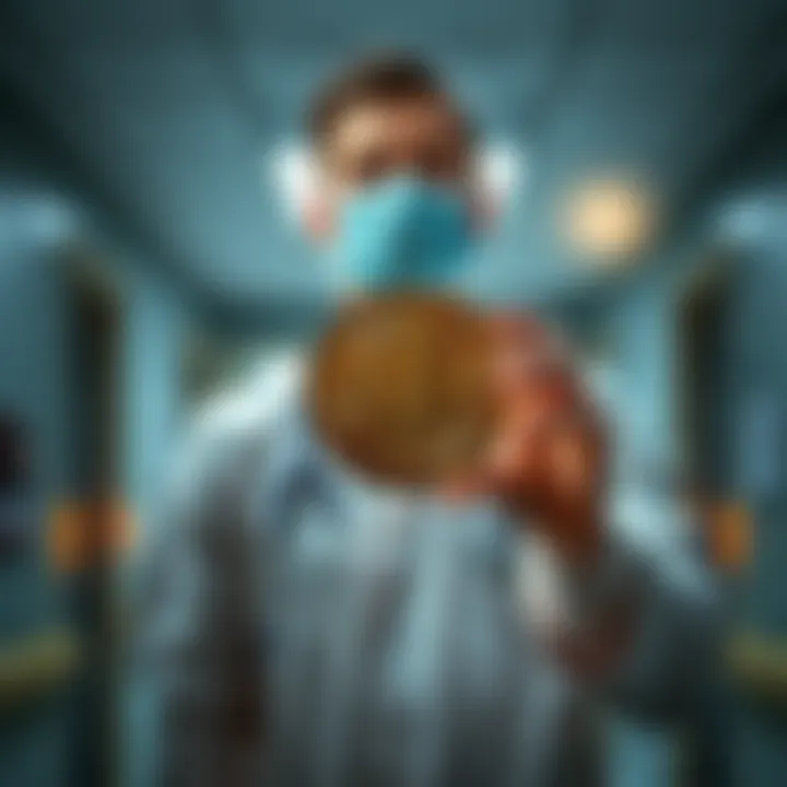 Doctor Holding Bitcoin Symbol An emergency room doctor in scrubs holds a Bitcoin symbol in a dimly lit hospital room, reflecting on his financial future.
