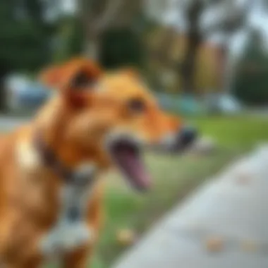 A brown dog with bared teeth and stiff posture, indicating aggression, in a park setting.