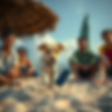 A dog grabbing a smartphone on a beach in Vietnam, surrounded by family members looking surprised.