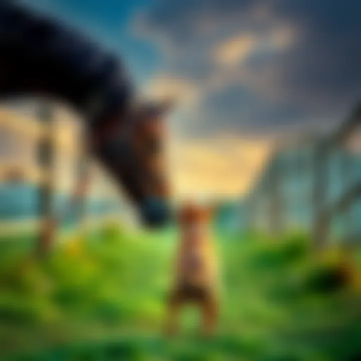 A dog approaches a horse at a shared property line, showing friendly interaction.