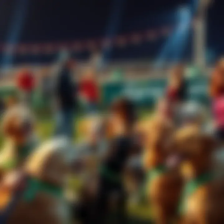 A group of people at a dog park sharing Greenies pet treats with excited dogs