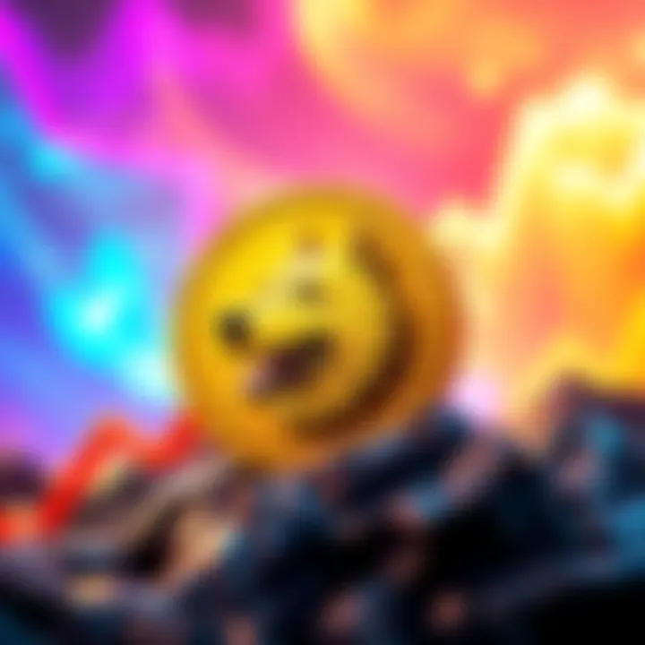 Graphic showing a Doge coin with an upward trend arrow, symbolizing a price surge, set against a vibrant background.