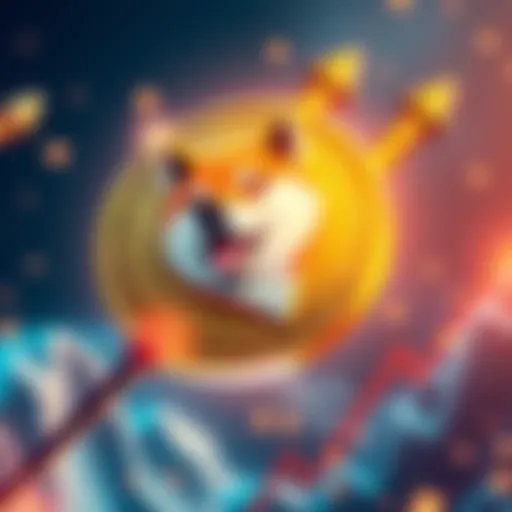 A graphic showing a coin with a Shiba Inu dog symbol soaring upward with arrows, representing Doge Coin's price increase.