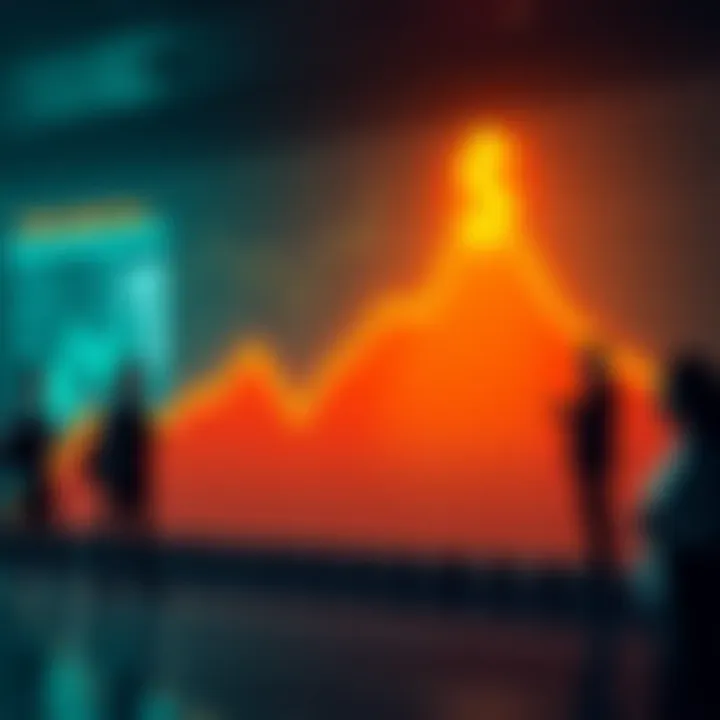 A chart showing the trend of DOGE cryptocurrency with a focus on its rise toward the $1 milestone, with people discussing and analyzing it in the background.