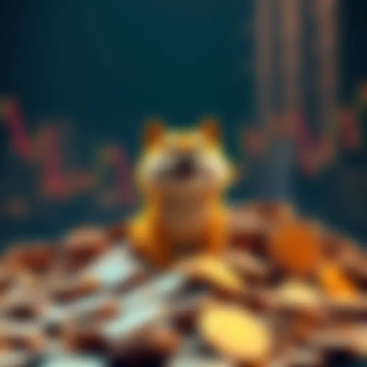 Visual representation of Dogecoin with a pile of coins and a happy Shiba Inu dog mascot, symbolizing the cryptocurrency market and its trends.