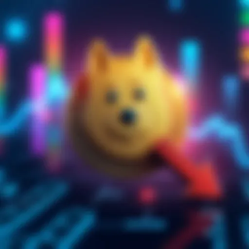 Doge coin symbol with a downward arrow indicating a drop in market cap