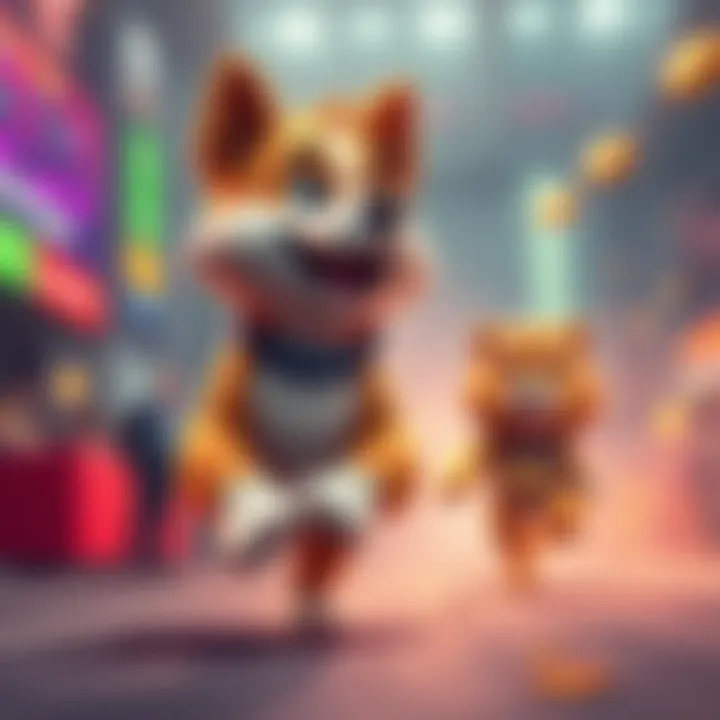 Doge Coin mascot shows excitement as it rises in value, while Leo Coin is left behind.
