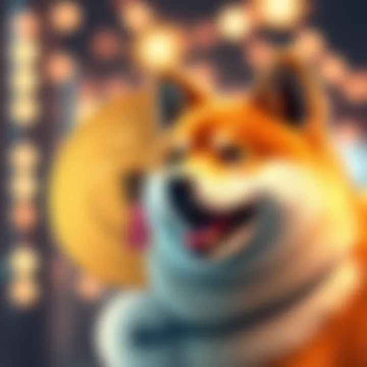 Doge coin symbol next to a happy Shiba Inu dog, representing the excitement around Doge's market revival.