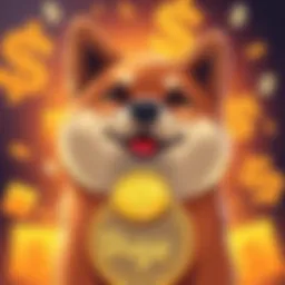A cheerful Shiba Inu dog representing Doge coin, with a background of cryptocurrency symbols and dollar signs.