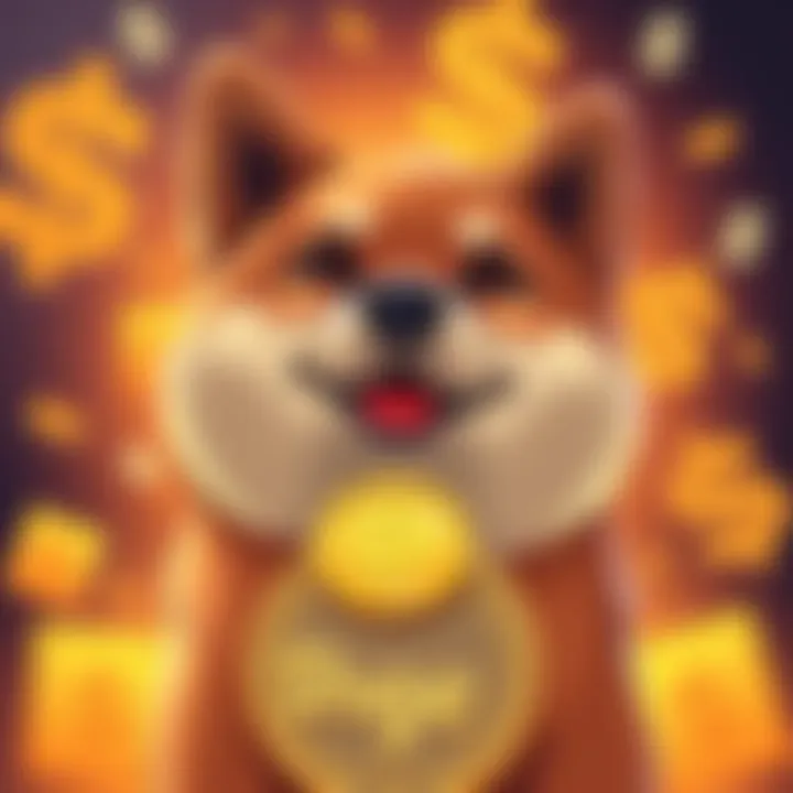 A cheerful Shiba Inu dog representing Doge coin, with a background of cryptocurrency symbols and dollar signs.