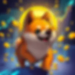 A cartoon Shiba Inu dog representing Doge Coin, surrounded by rising graphs and gold coins, signifying a market surge.