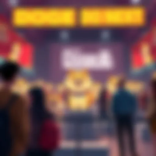 A group of people engaging and sharing ideas about Doge, surrounded by dog-themed decorations and banners.