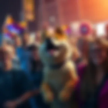 Doge Coin Community Vibe A lively group of people celebrating the Doge lifestyle with smiles, colorful banners, and a Doge mascot, radiating positive energy.