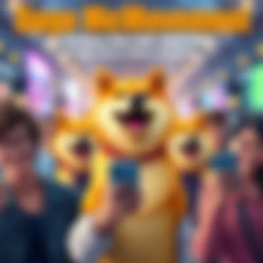 A group of cheerful people sharing Doge memes on smartphones, promoting Dogecoin on social media platforms like TikTok and Instagram.