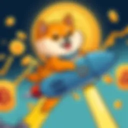 Cartoon of a Shiba Inu dog riding a rocket with a background of coins and a graph trending upward