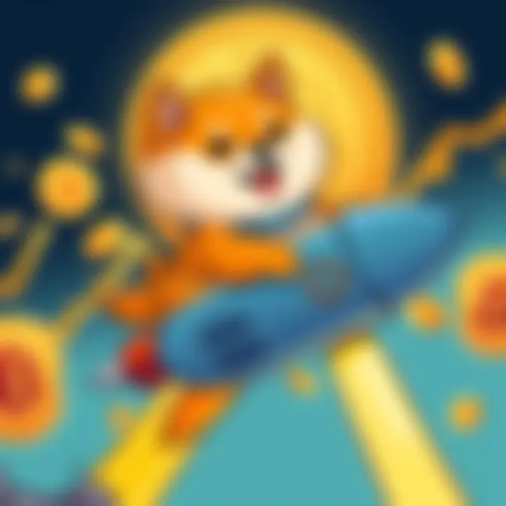 Cartoon of a Shiba Inu dog riding a rocket with a background of coins and a graph trending upward