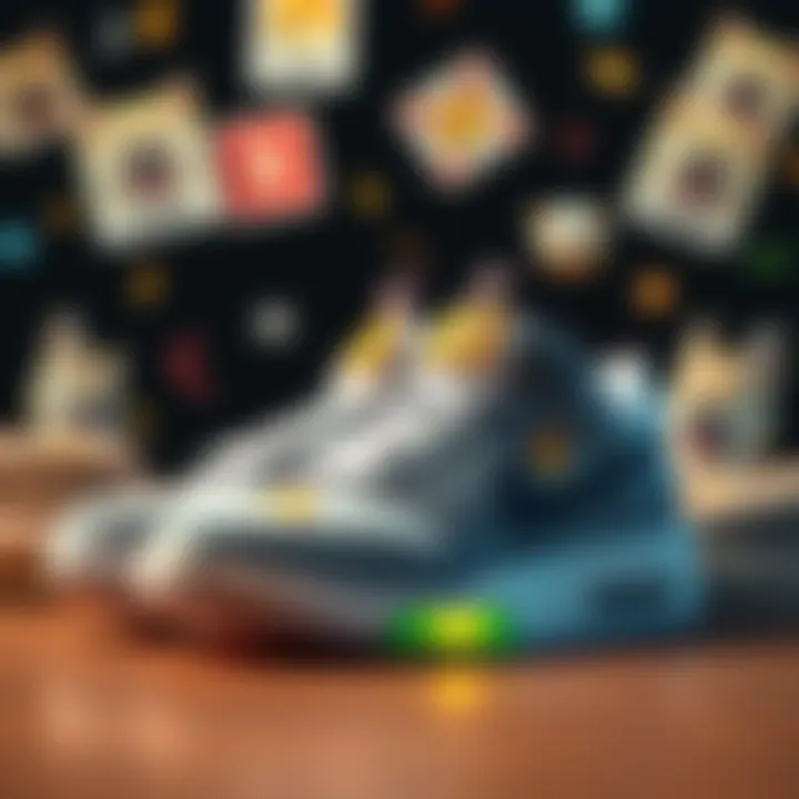 A pair of sneakers with Doge graphics and cryptocurrency symbols displayed on them, surrounded by playful Doge memes.