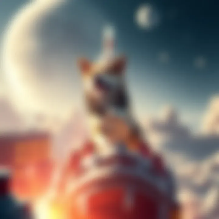 Doge Token Soars Doge token rising with a rocket backdrop, symbolizing its growth and potential in cryptocurrency market.