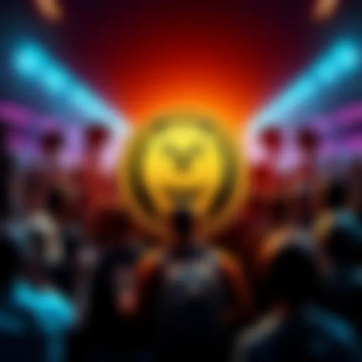 Dogecoin logo surrounded by excited people holding signs of support