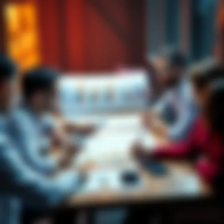 A group of people discussing the future of Dogecoin with charts and graphs on a table.