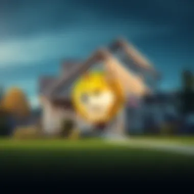 A house with a Dogecoin logo in front, representing its use in home loan applications