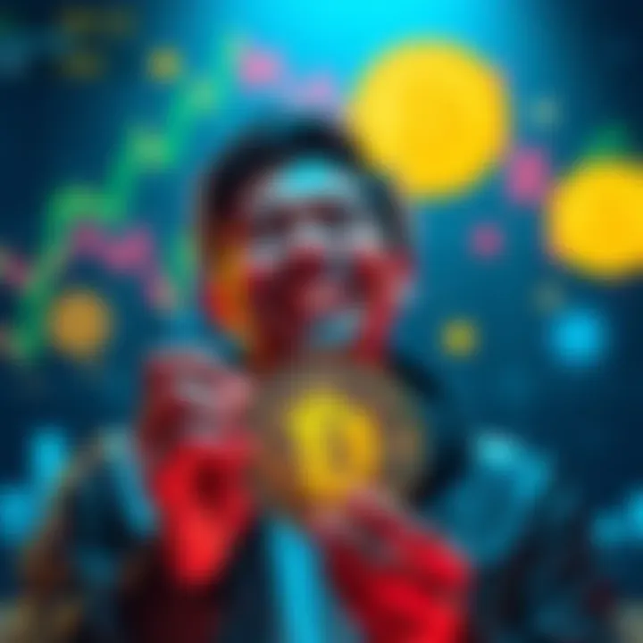 A person smiling while holding a Dogecoin symbol with cryptocurrency graphics in the background, showing excitement about their investment journey.