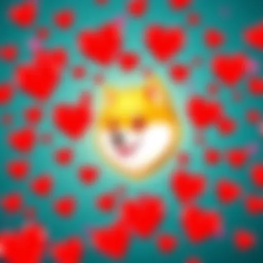 A colorful Dogecoin logo surrounded by vibrant red hearts, symbolizing love for the cryptocurrency