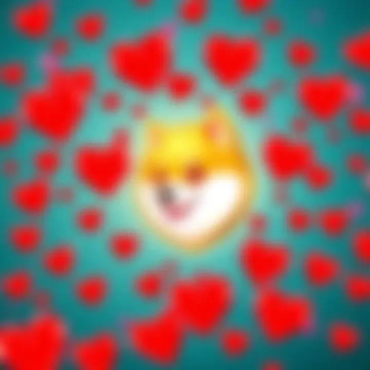 A colorful Dogecoin logo surrounded by vibrant red hearts, symbolizing love for the cryptocurrency