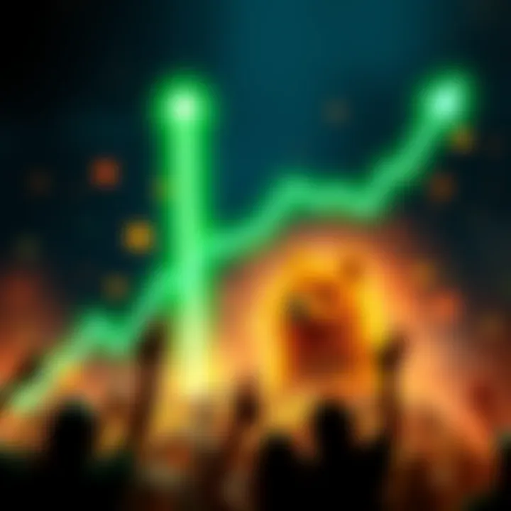 A graph showing Dogecoin's price rising towards $0.30 with a bright green line, surrounded by crypto symbols and enthusiastic traders.