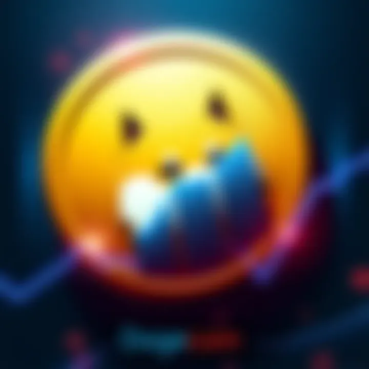 Dogecoin logo with upward trend line The Dogecoin logo surrounded by an upward trending graph indicating rising value.