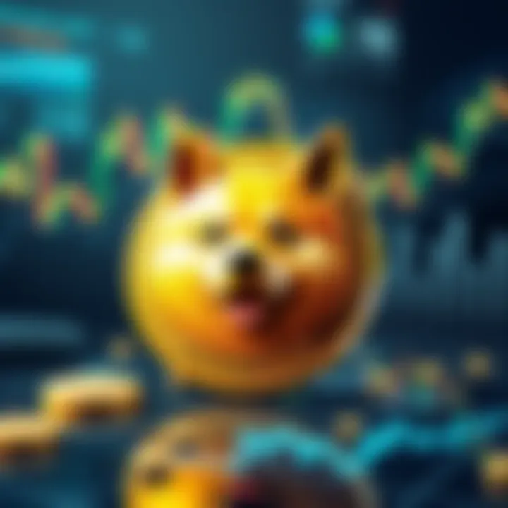 A golden Dogecoin coin with a dog face, surrounded by financial charts and graphs, symbolizing its role in the economy.