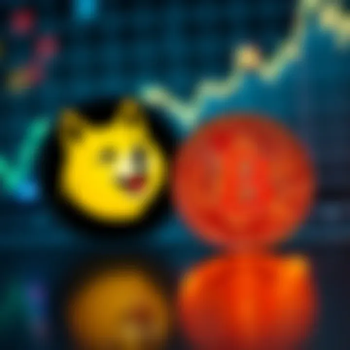 Dogecoin and Bitcoin Symbols Graphic showing the Dogecoin and Bitcoin logos with a rising graph in the background.