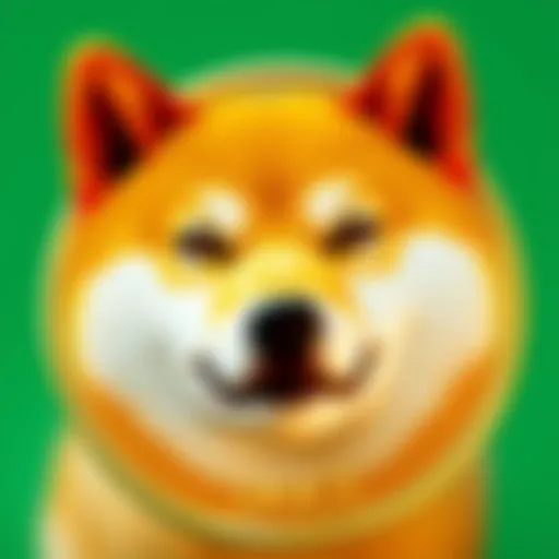 A close-up of a shiny Dogecoin coin with a Shiba Inu dog face, set against a green background symbolizing growth in cryptocurrency.