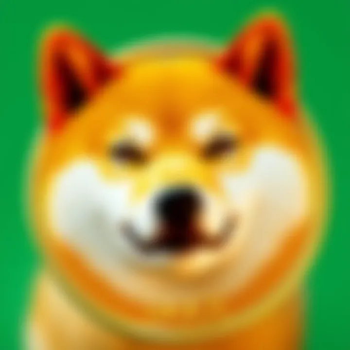 A close-up of a shiny Dogecoin coin with a Shiba Inu dog face, set against a green background symbolizing growth in cryptocurrency.