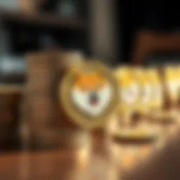 A close-up view of shiny Dogecoin coins stacked on a wooden table, showing the iconic Shiba Inu logo