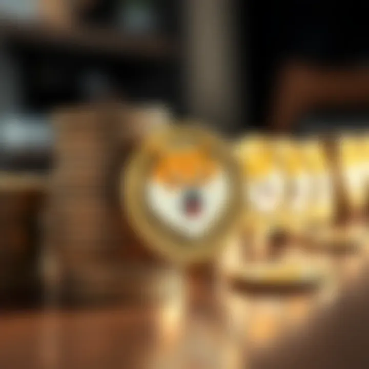 A close-up view of shiny Dogecoin coins stacked on a wooden table, showing the iconic Shiba Inu logo