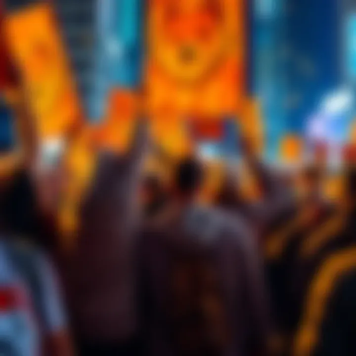 A group of Dogecoin supporters holding banners and enjoying a community event to promote unity and interest in Dogecoin.