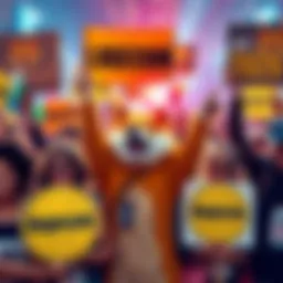 A group of people celebrating with Dogecoin signs and a Shiba Inu mascot, showcasing community spirit and enthusiasm for Dogecoin in 2026.