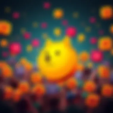 A Dogecoin symbol surrounded by various community icons representing support and enthusiasm, showing its continued relevance.