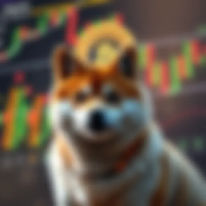 A visual representation of Dogecoin with the Shiba Inu dog symbol and financial charts in the background, illustrating the potential price prediction and investment strategies.